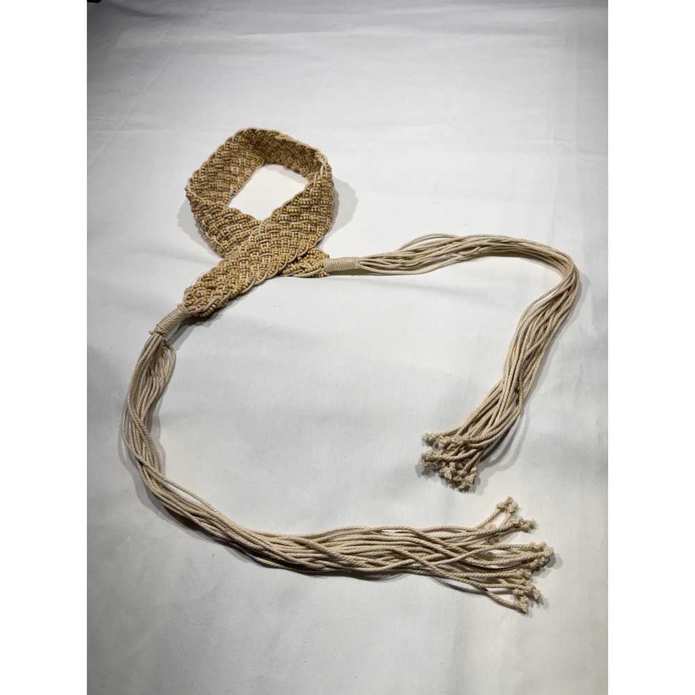 Vintage Macrame Beaded Sash Belt Cream Boho Woven Wood Bead Tie Fringe 65 inch